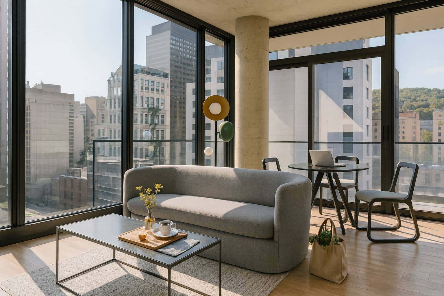 Curated living room vignette highlighting local art