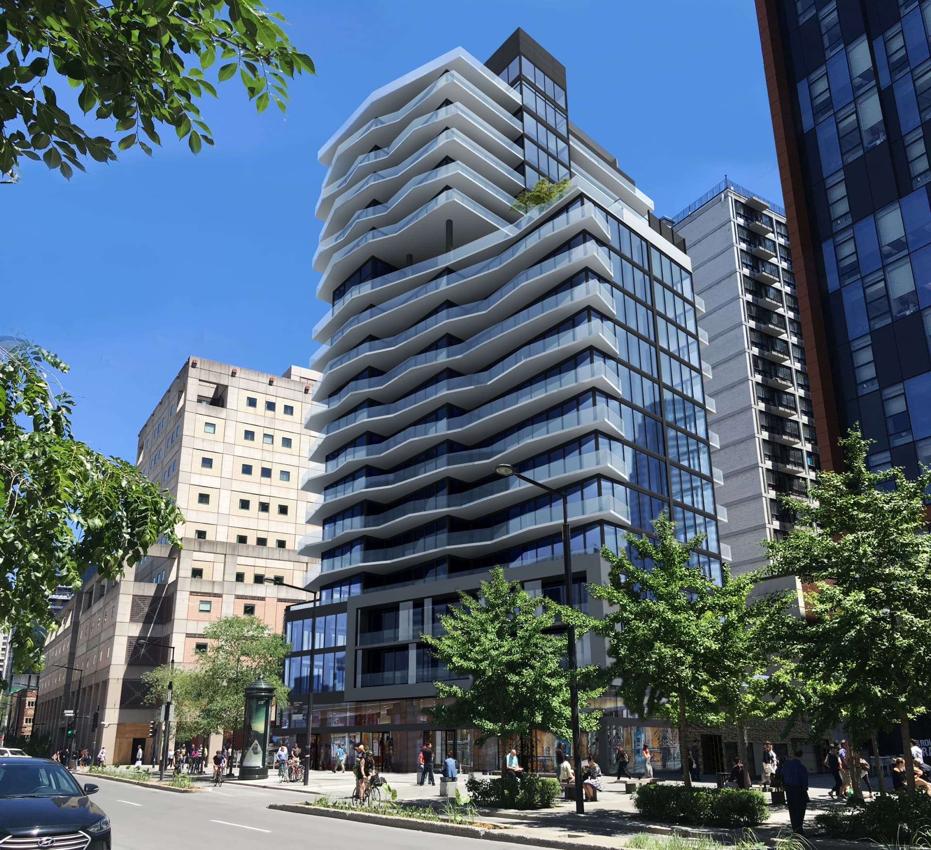 Nester Downtown Montréal exterior view with modern architecture and downtown Montréal skyline